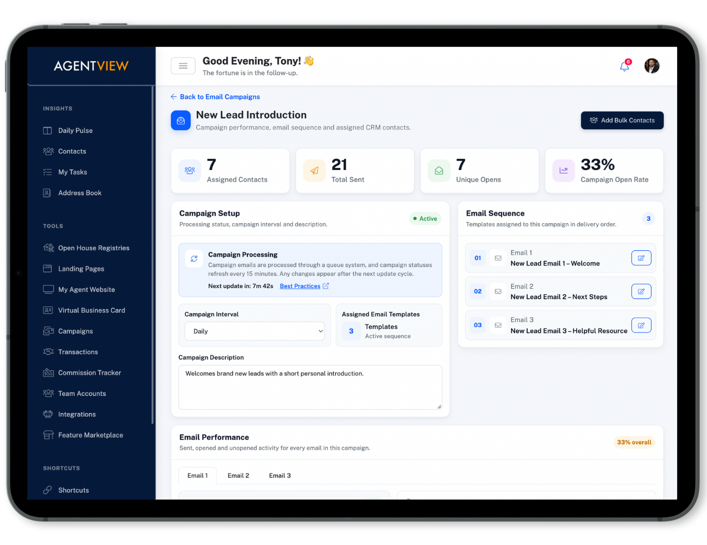 AGENTVIEW automated email campaign triggers