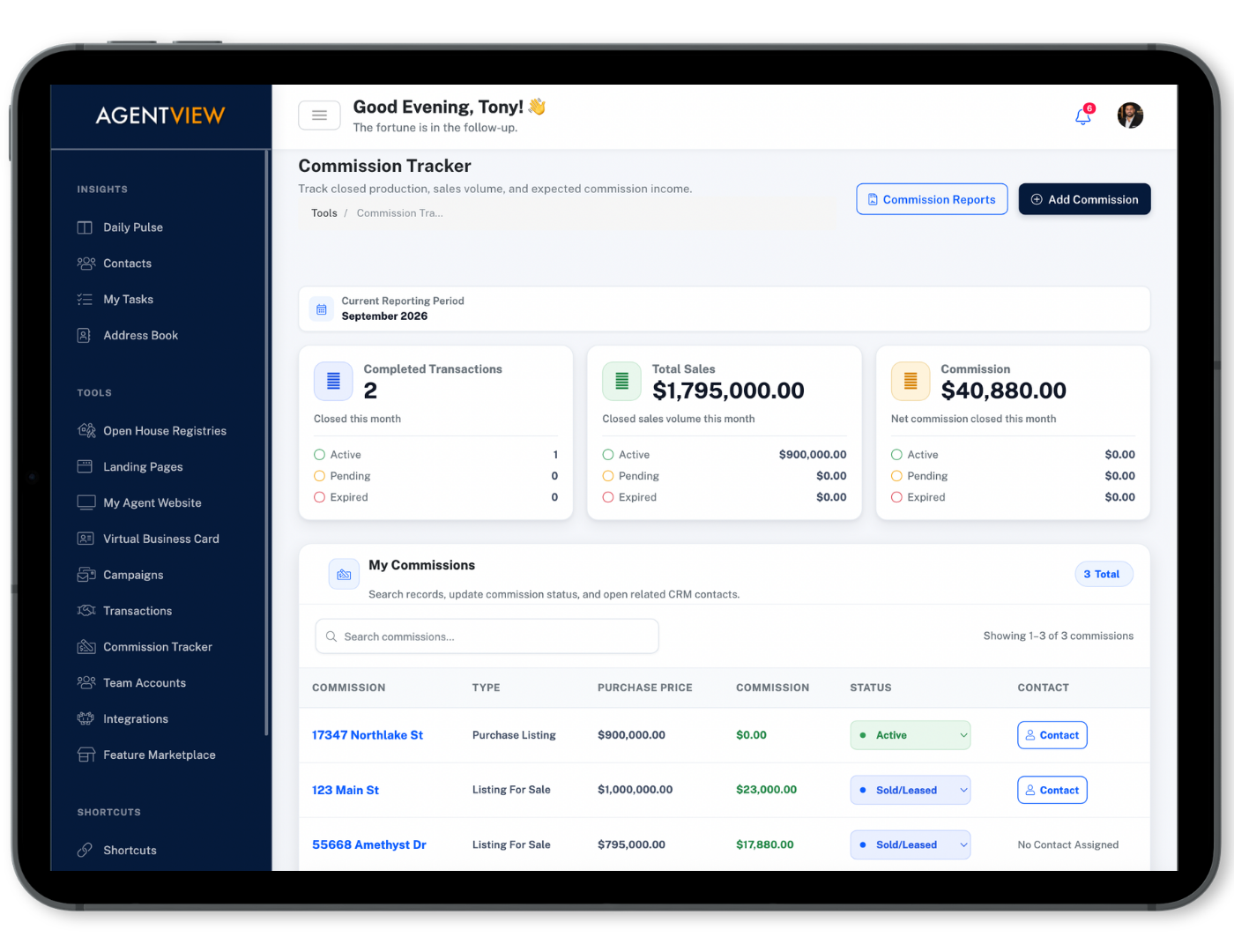 AGENTVIEW commission tracking and earnings view