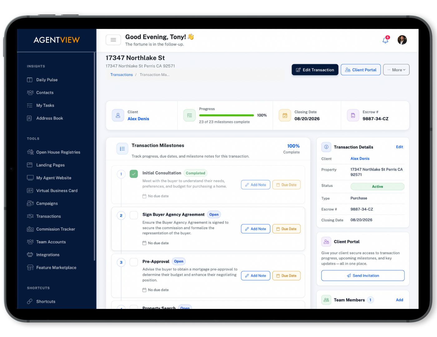 AGENTVIEW custom transaction milestones